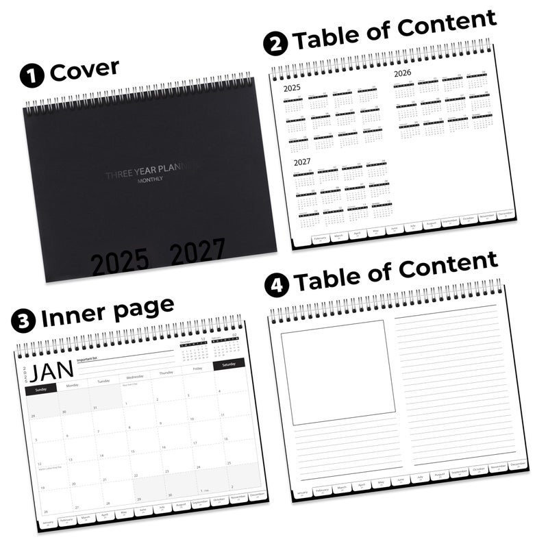 Bubbley 3-Year Calendar Planner, 2025-2027 Monthly Schedule Organizer Flip Calendar Diary with Tabs, Spiral Bound Top, Black, 8.5 x 11 Inches - Image 2